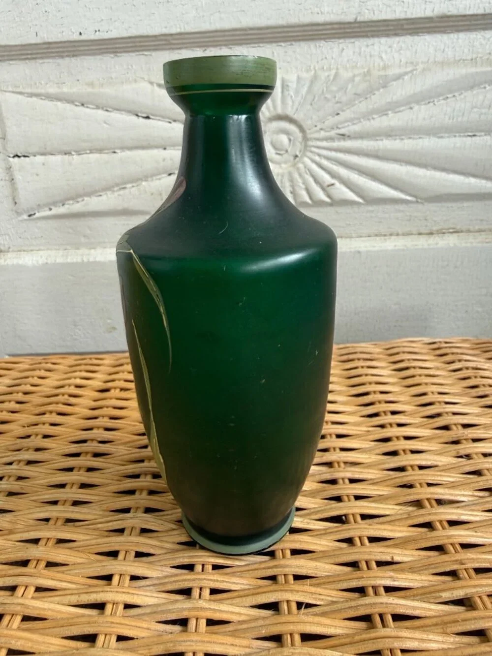 Antique 1910s Carl Goldberg Bohemian Art Nouveau Green Glass Vase Purple Flowers